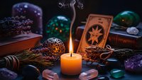 Mystical fortune telling setup with burning candle, tarot cards, crystals and gemstones creating atmospheric divination scene for spiritual guidance.