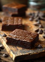 Fresh homemade fudgy brownie square with chocolate chips scattered on rustic wooden board, close-up view showing moist texture and rich dark color.