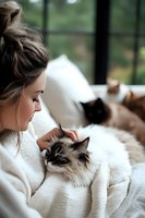 Young Caucasian woman in white sweater cuddling with Ragdoll cat at home. Cozy atmosphere with natural window light and soft textures creates peaceful domestic scene.