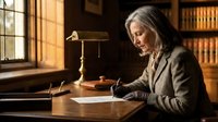 Senior woman with gray hair and light skin tone, wearing a brown blazer, writing at a wooden desk in a traditional study room with warm lighting, brass lamp, and bookshelves, depicting focused work and concentration.