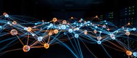Abstract digital network with glowing nodes and connecting lines representing data flow, technology infrastructure, and global connectivity concepts.