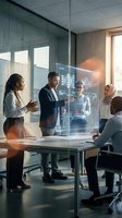 Diverse business team collaborating with futuristic holographic display technology in modern conference room for strategic planning and data analysis.
