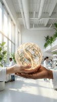 Hands holding illuminated golden wireframe sphere in modern bright office with natural light, plants, and blurred colleagues working in background.