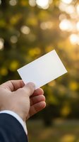 Caucasian businessman hand holding blank white card outdoors with golden bokeh background, mockup for branding and identity design.