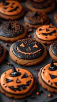 Halloween pumpkin cookies with orange and black icing decorated with spooky jack-o-lantern faces on dark surface for autumn celebration and party treats.
