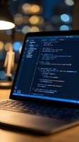 Laptop displaying code on screen in dark environment with bokeh lights background for software development and programming projects.