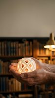 Close-up of male hands holding glowing spherical lantern with geometric cutout pattern. Warm interior setting with blurred bookshelf and pendant lamp background for home decor and lifestyle use.