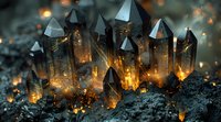 Magical glowing crystals emerge from dark rocky ground with internal golden light and sparks, perfect for fantasy art, mystical designs, and spiritual wellness projects.