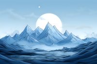 Majestic mountain range under full moon and stars in blue tones, dramatic peaks rising above misty valleys creating ethereal winter landscape atmosphere.