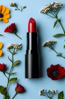 Red lipstick surrounded by yellow and red flowers with white baby's breath on light blue background. Feminine beauty flat lay composition for cosmetics marketing.