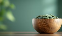Green pumpkin seeds in wooden bowl on dark table against blurred natural background. Healthy organic superfood concept for packaging design.