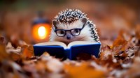 Adorable hedgehog wearing glasses reads book among autumn leaves with warm glowing light in background, creating cozy fall atmosphere.