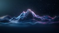 Digital mountain landscape with glowing neon wireframe peaks against dark background, stars and particles creating futuristic terrain visualization for technology concepts.