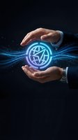 Businessman hands protecting glowing global network symbol with digital energy waves on dark background for technology and connectivity concepts.