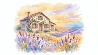 Rustic stone farmhouse surrounded by blooming lavender fields at golden sunset, watercolor painting style perfect for home decor and countryside themes.