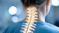 Glowing spine visualization on female patient showing vertebrae and spinal cord anatomy in medical diagnostic concept, blue toned background.