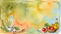 Watercolor culinary background with fresh vegetables, herbs, mortar and pestle, oil bottle, and golden ornamental frame border for cooking and recipe design projects.