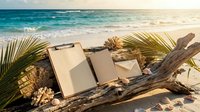 Open notebook with pen on driftwood at tropical beach with palm fronds and seashells during golden hour sunset creating peaceful writing atmosphere.
