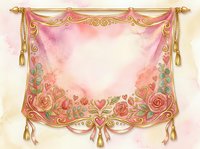 Ornate pink and gold fabric drape with floral embroidery, roses, and decorative tassels on rod. Elegant theatrical or event backdrop with watercolor texture, isolated on white background for design use.