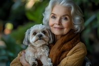Senior woman with elegant silver hair holding small fluffy white Shih Tzu dog outdoors. Natural lighting and green foliage background create warm emotional portrait.