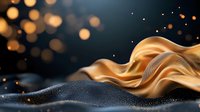 Flowing golden liquid wave with glittering particles against dark background creates dramatic contrast. Abstract luxury design element with bokeh light effects and metallic texture.
