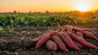 Fresh sweet potatoes harvested from organic farm field during golden sunset hour with green crops growing in rich soil background for healthy eating.