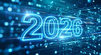 Futuristic glowing 2026 numbers with digital circuit board patterns and blue light effects for technology presentations and new year concepts.