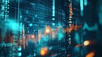 Digital financial market data visualization with glowing turquoise and orange charts, graphs and statistics on dark background showing stock trading analytics.