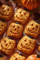 Halloween pumpkin-shaped cookies with jack-o-lantern faces arranged on wooden surface with autumn decorations for seasonal baking and festive treats.