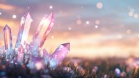 Magical crystal quartz points glowing with pink and blue hues against dreamy sunset sky background with bokeh lights and sparkles creating mystical atmosphere.