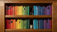 Rainbow colored books arranged by color on wooden bookshelf creating vibrant spectrum display for home library organization and interior design concepts.
