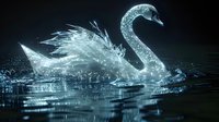 Magical glowing swan swimming in dark water with splashing effect, creating ethereal light patterns that reflect on the rippling surface.