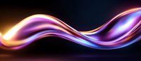 Glowing abstract wave with vibrant purple, blue and orange light trails flowing smoothly against dark background, creating dynamic motion effect.