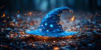 Glowing magical wizard hat with stars and sparkles on dark mystical forest background with orange bokeh lights, fantasy concept for fairy tales and magic.