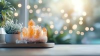 Glowing orange citrine crystal cluster with succulent plant on windowsill against soft bokeh background creates serene meditation and wellness atmosphere.