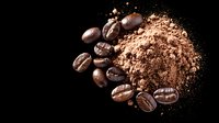 Roasted coffee beans and ground coffee powder scattered on dark background, dramatic food photography with selective lighting for cafe menu design.