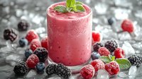 Fresh berry smoothie with mint garnish surrounded by frozen raspberries, blackberries and blueberries on ice cubes, refreshing pink drink for healthy lifestyle.