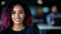 Young African American woman with vibrant purple curly hair and bright smile wearing black top against blurred office background, expressing joy and confidence.