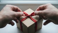 Caucasian hands holding kraft paper gift box with red ribbon bow, presenting wrapped present for holidays, celebrations, or special occasions.