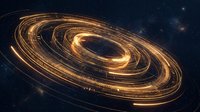 Golden spiral energy rings rotating in cosmic space with glowing light trails and starfield background for futuristic technology and science concepts.