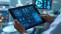 Medical professional analyzing digital brain scan and health data on tablet device with glowing blue interface in modern healthcare facility. Medical technology concept.