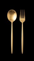 Matte gold spoon and fork set isolated on transparent background, ready for t-shirt design, stickers, clipart, print on demand, and sublimation projects.