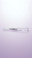 Crystal clear glass knife with silver blade on soft purple gradient background for modern kitchen and culinary design concepts.