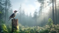 Woodpecker perched on tree stump in misty forest at dawn, surrounded by ferns and pine trees in atmospheric morning light with bokeh effect and sunbeams.