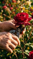Gardener with weathered hands holding pruning shears cutting vibrant red rose bloom in sunny garden with blurred flowering bushes background.