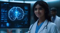 Female South Asian medical doctor in white coat and scrubs smiling confidently with glowing digital brain hologram display in modern neurology lab background.