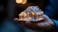 Miniature glass house with glowing fairy lights held in palm, creating magical holiday atmosphere against dark background.