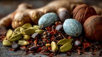 Assorted spices and herbs with cardamom pods, ginger root, and colorful whole spices scattered on rustic wooden surface for culinary cooking and seasoning.