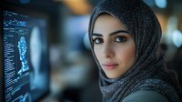 Young Middle Eastern woman software developer wearing hijab coding on computer in modern tech office environment for programming and technology careers.
