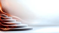 Glowing spiral staircase with orange light trails and white steps ascending on light background, modern abstract architectural design element.